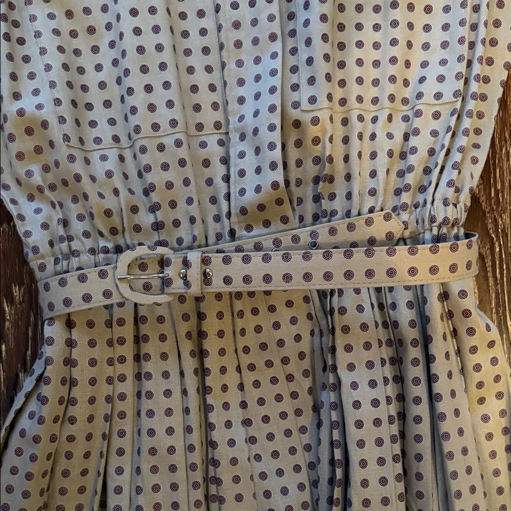 Vintage Polka Dot Midi Dress with Waist Tie - Tan Linen/cotton - Picture 4 of 8
